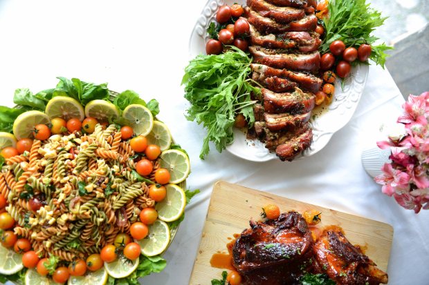 Crispy Roast Pork Stuffed with Chestnut Herbs, Homemade Honey-Glazed Ham with Pink Peppercorn, and Italian Salad Pasta