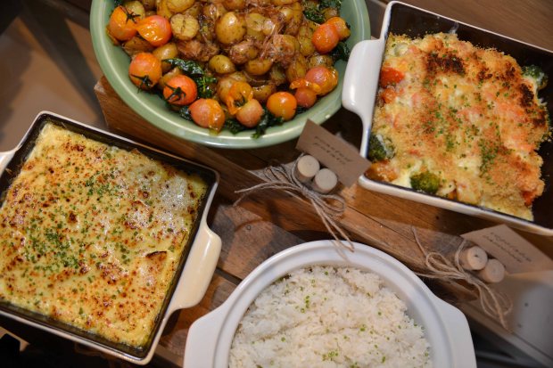 Herb-Roasted Marble Potato, Mixed Vegetable Casserole, Steamed Jasmine Rice, and Potato Gratin