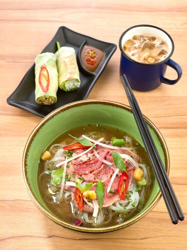 Lunch set - fresh hand rolls, pho beef steak, iced Viet coffee.jpg