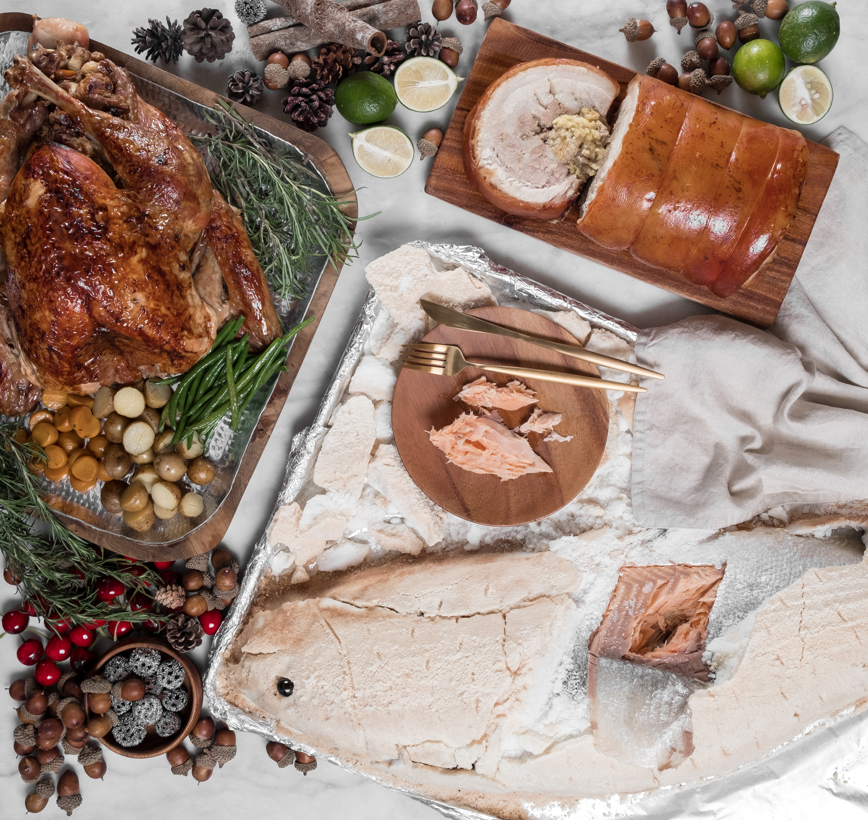 Cravings makes holidays merry and bright with these sumptuous selections - Roast Turkey with Chestnut Raisin Stuffing, Crackling Pork Bagnet, and Salt-crusted Fresh Salmo.jpg